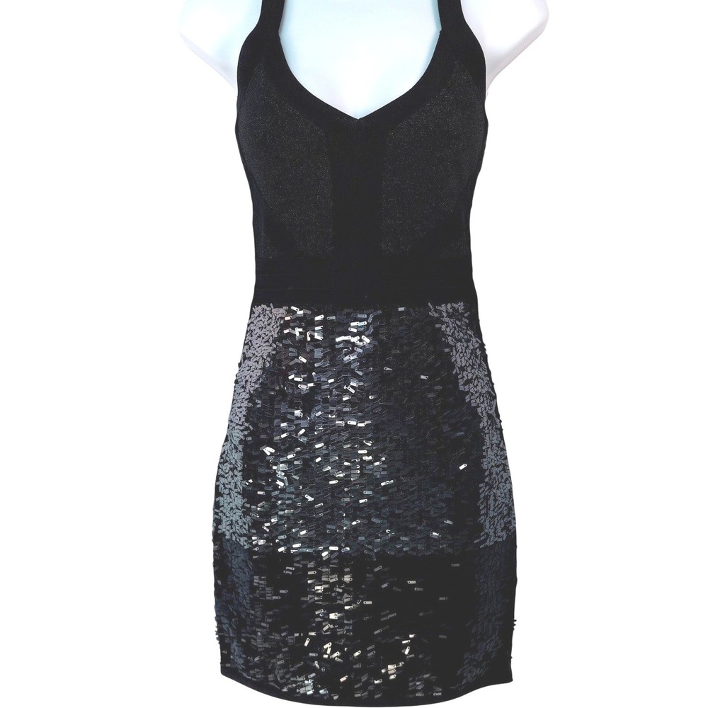 BeBe Black Sequin V Neck‎ Halter Bodycon Mini Dress Sequin Glam 90s Fairy Goth